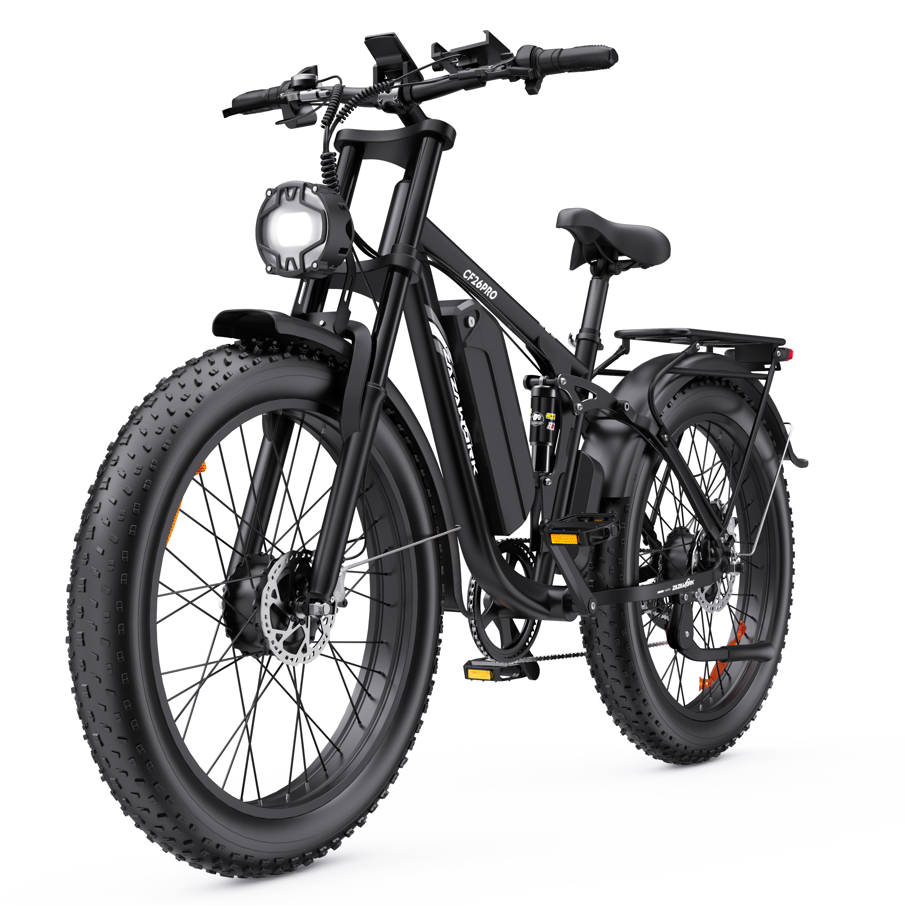 Czarny rower elektryczny typu fat bike z przednim światłem i tylnym bagażnikiem.