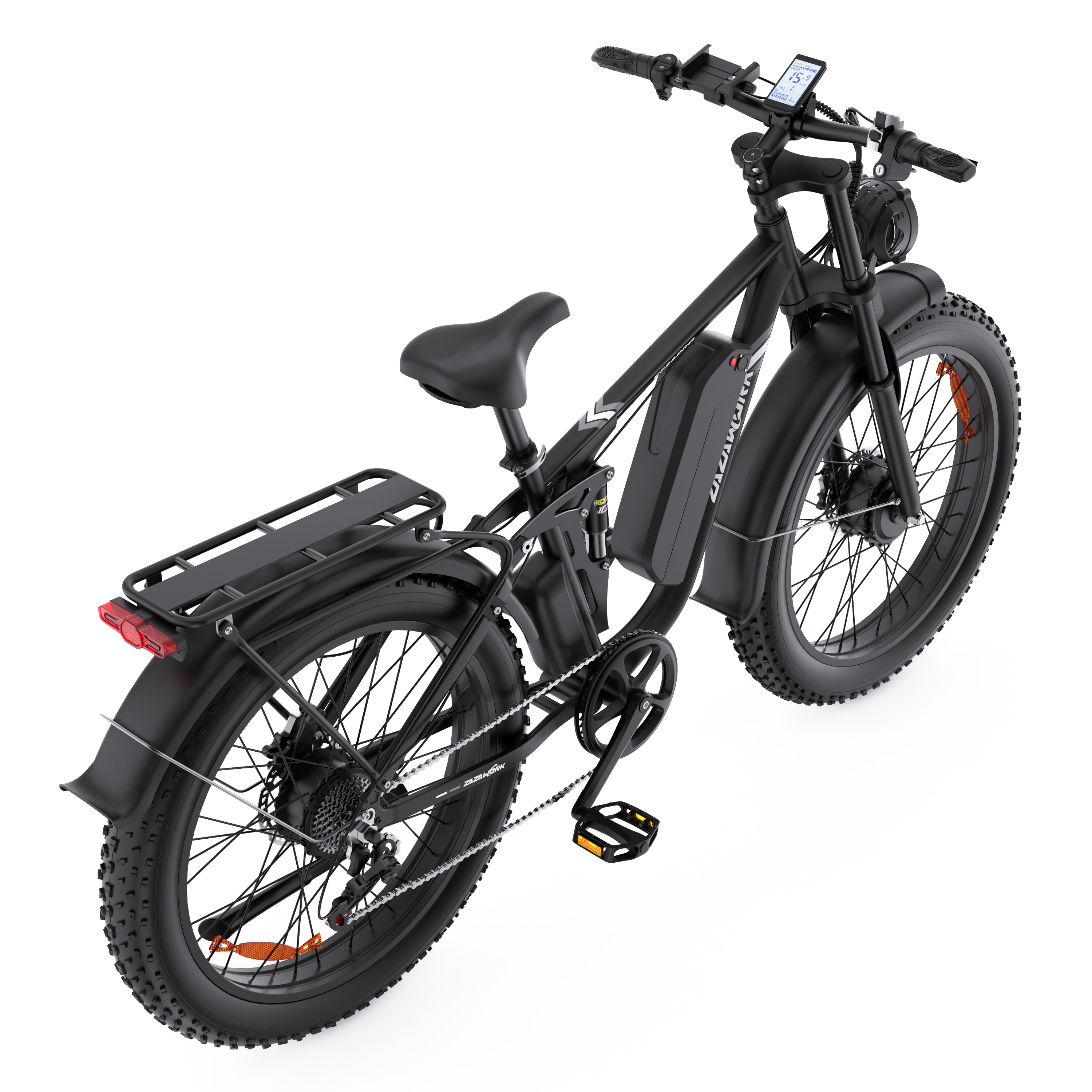 Czarny rower elektryczny fatbike z bagażnikiem, wyświetlaczem i baterią.