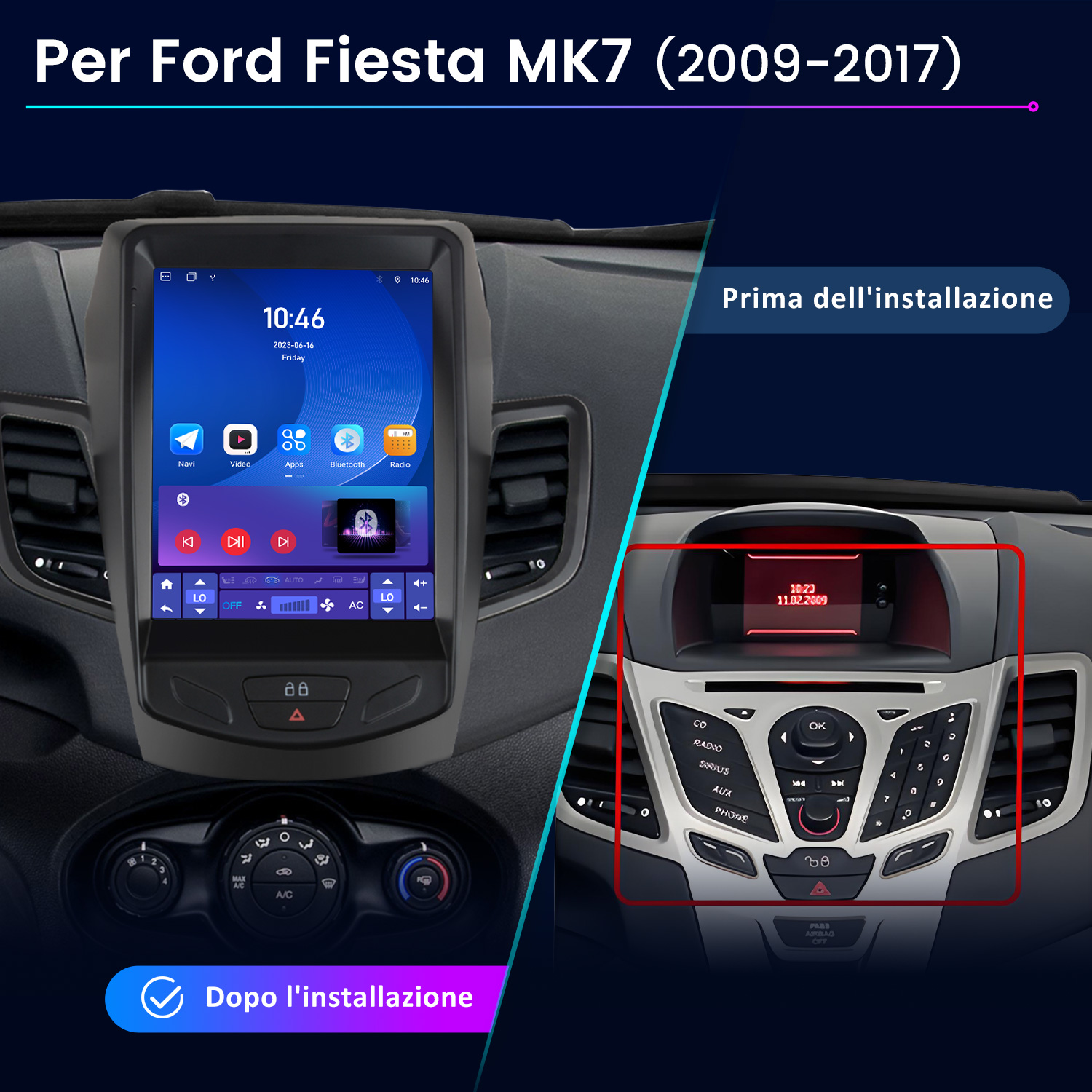 Porównanie radia samochodowego Ford Fiesta MK7 przed i po instalacji.