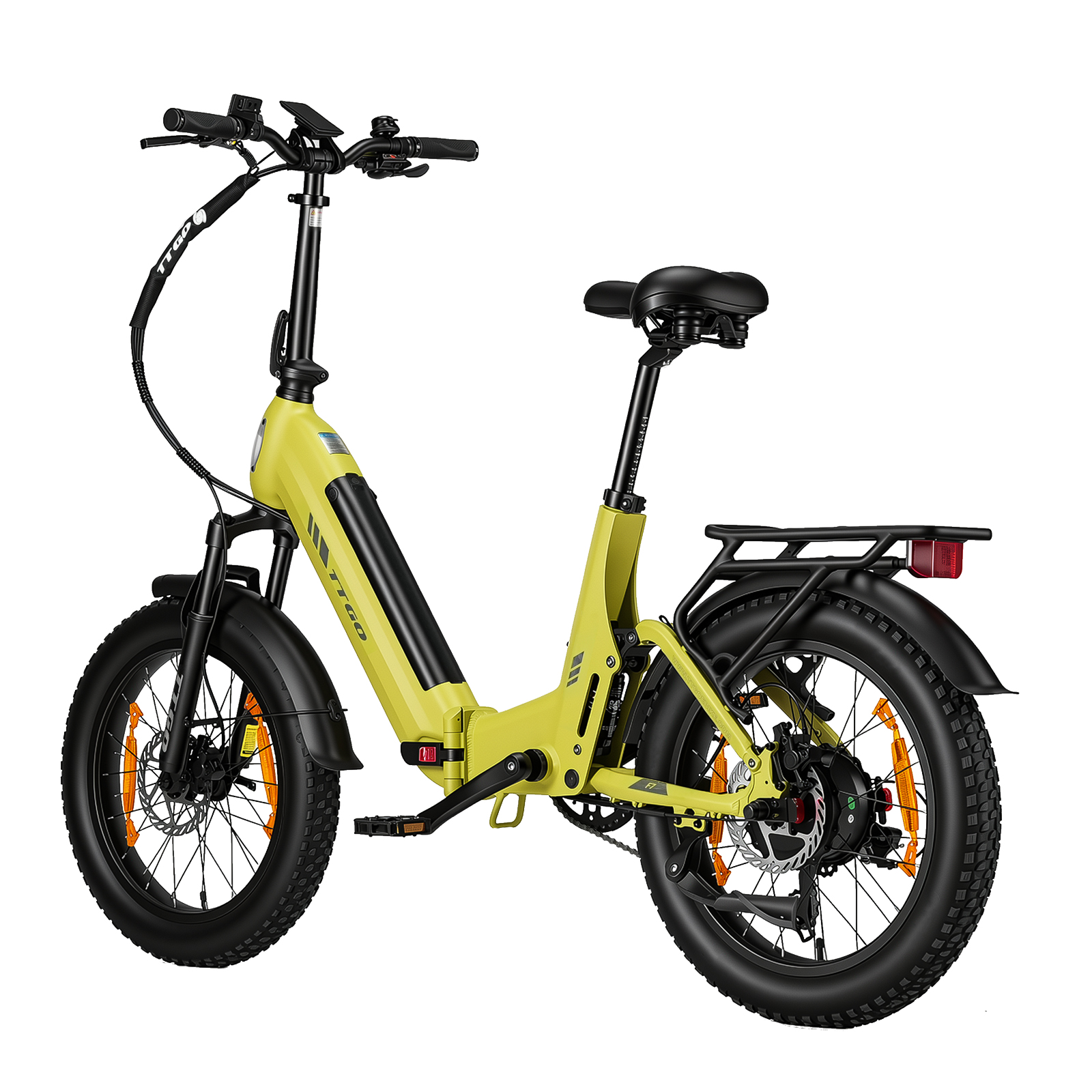 Żółty rower elektryczny typu fatbike z czarnymi błotnikami, siodełkiem i bagażnikiem.