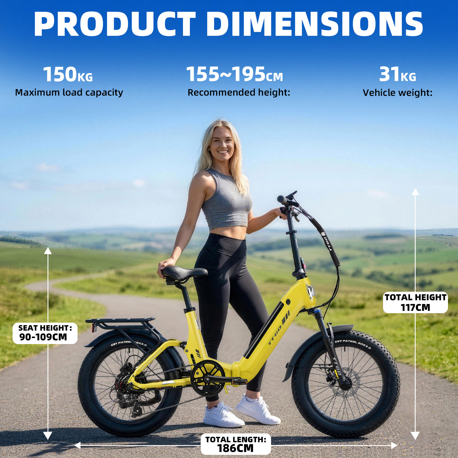 Kobieta stoi z żółtym rowerem elektrycznym na zewnątrz. Wymiary produktu są podane.