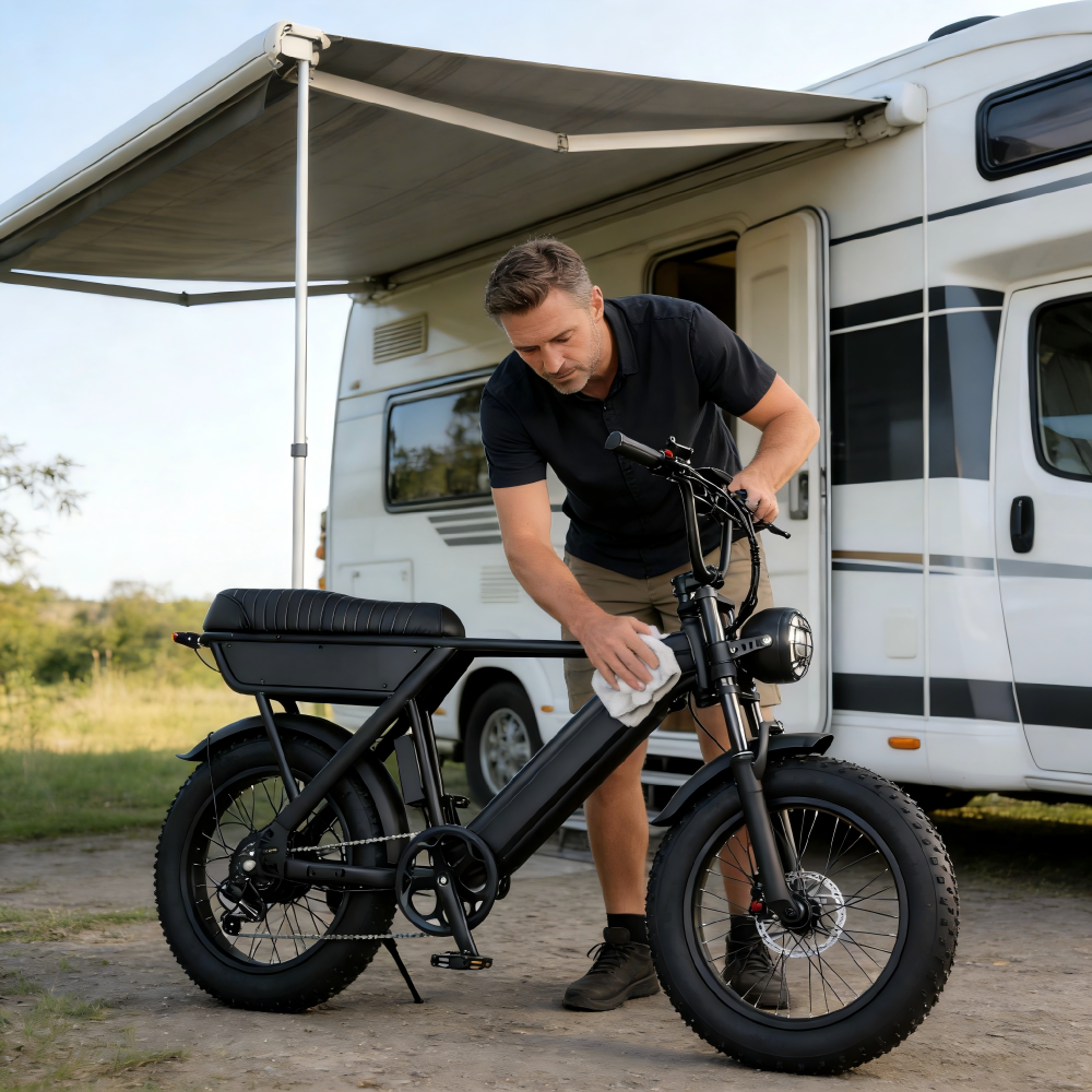 Mężczyzna czyści czarny rower elektryczny przed kamperem z rozłożonym markizą.