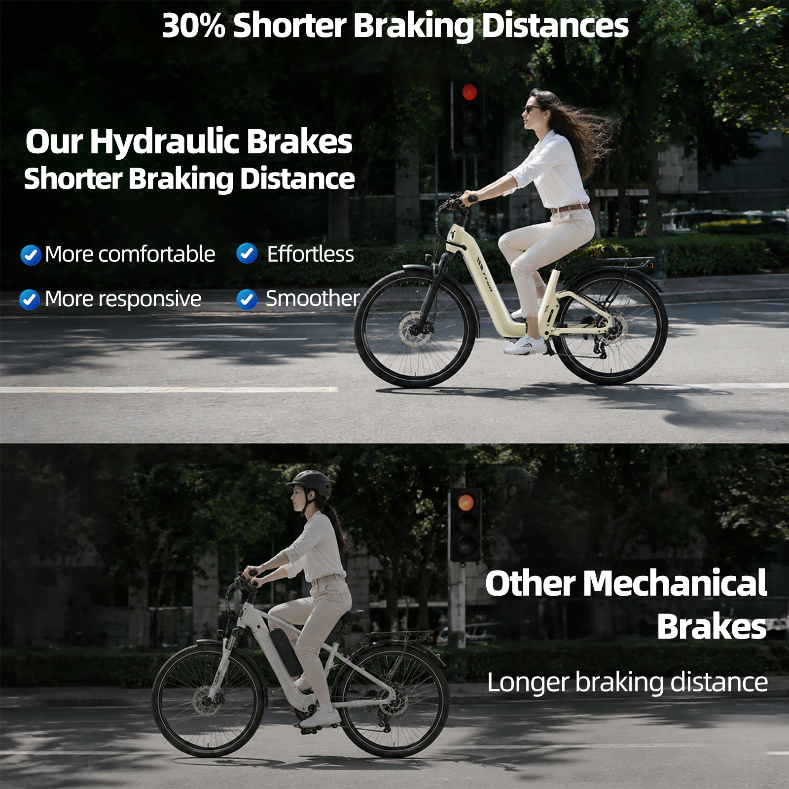 Kobieta na jasnobeżowym e-bike z hamulcami hydraulicznymi vs mechanicznymi.