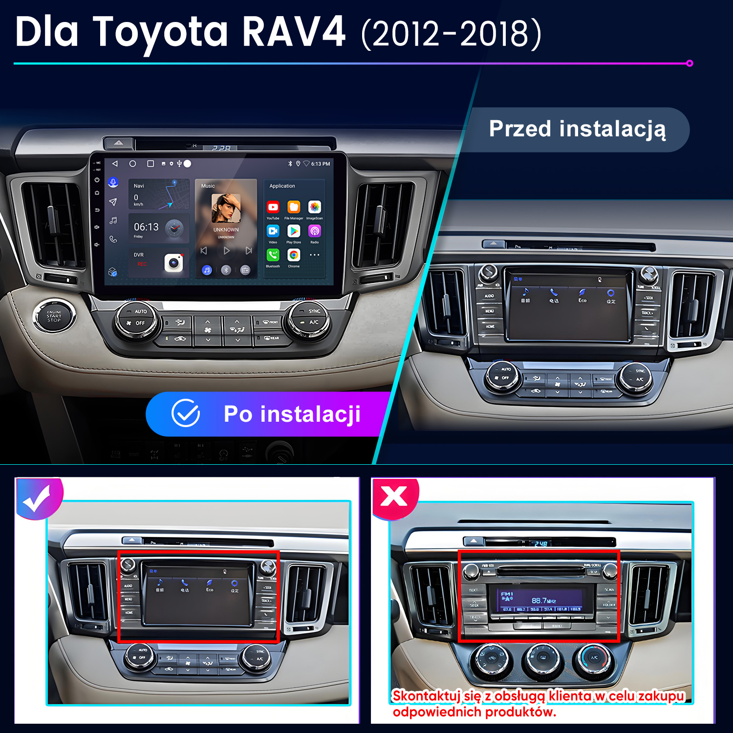 Porównanie dwóch systemów radiowych do Toyota RAV4: Przed i po instalacji.