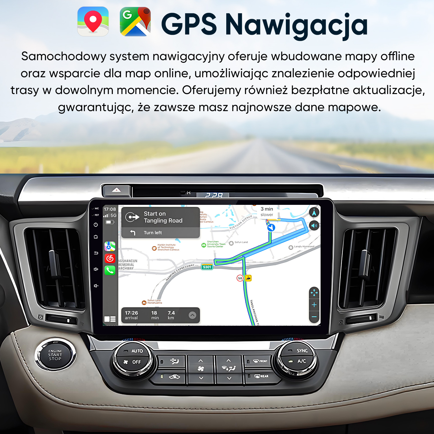 Deska rozdzielcza samochodu wyświetlająca ekran nawigacji GPS z trasą.