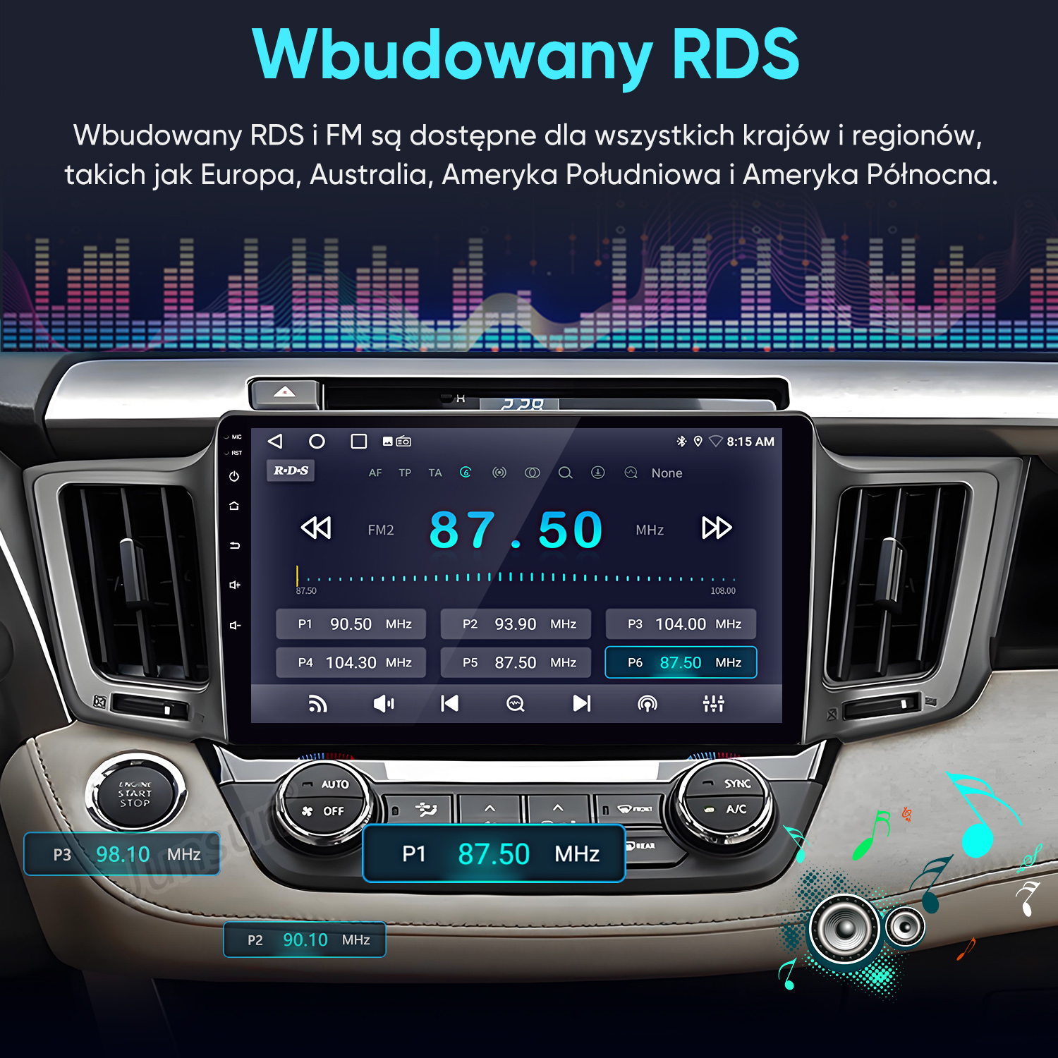 System infotainment samochodu z wyświetlaczem radia RDS/FM i elementami sterującymi.