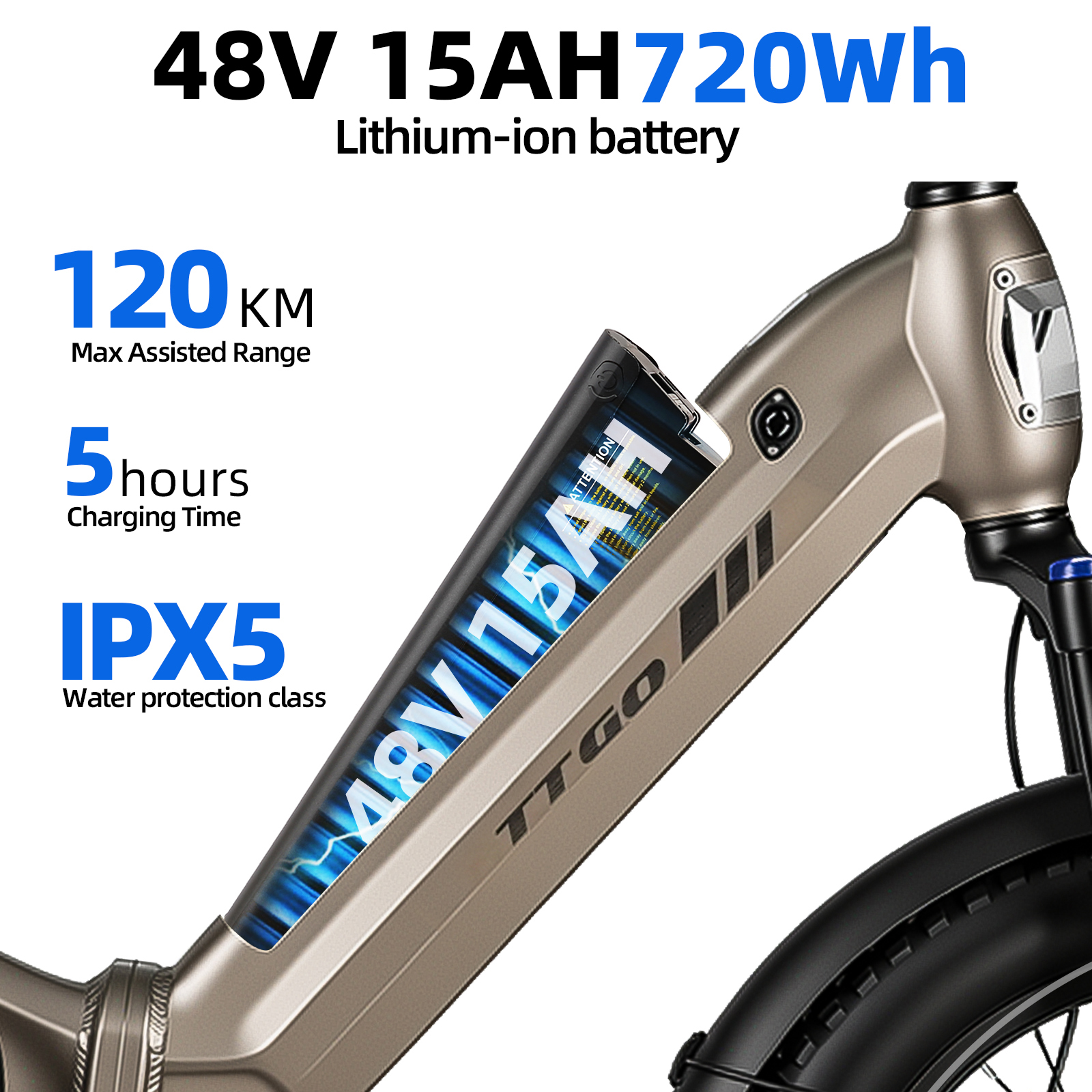 Rower elektryczny z baterią litowo-jonową 48V 15AH. Zasięg 120km, ładowanie 5h, IPX5.