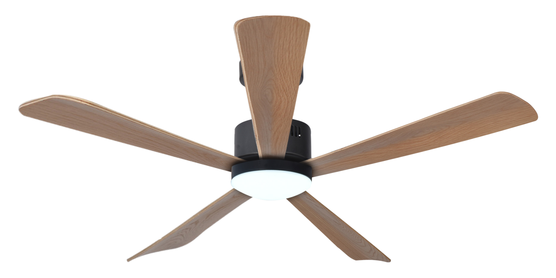 Un ventilatore da soffitto con cinque pale in laminato di legno e una luce LED integrata.