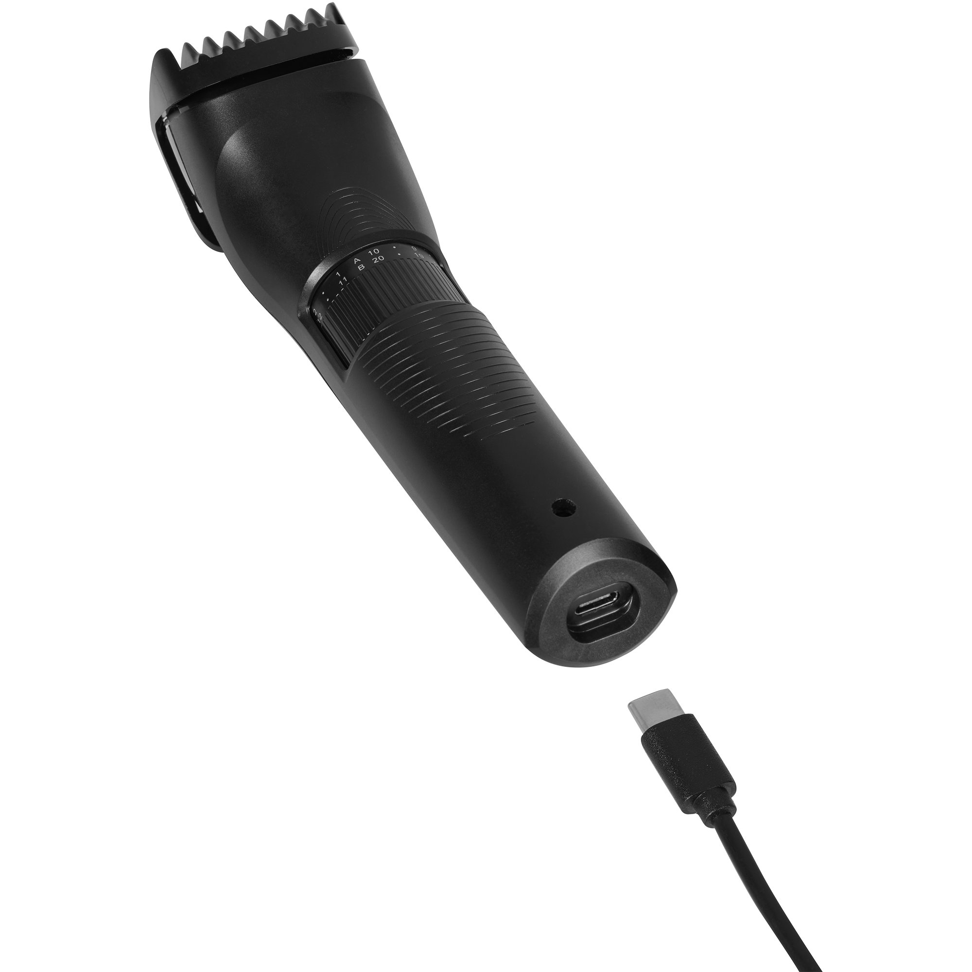 Schwarzer Trimmer mit Ladeanschluss und USB-C-Kabel.