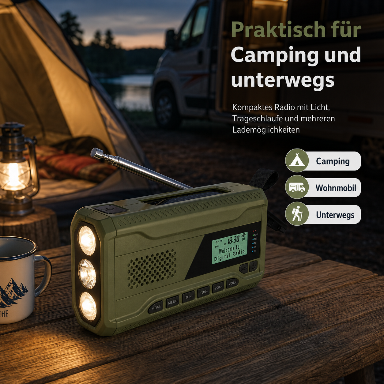 Grünes Notfallradio mit Licht, Antenne, Solarpanel, auf Holztisch neben Zelt.