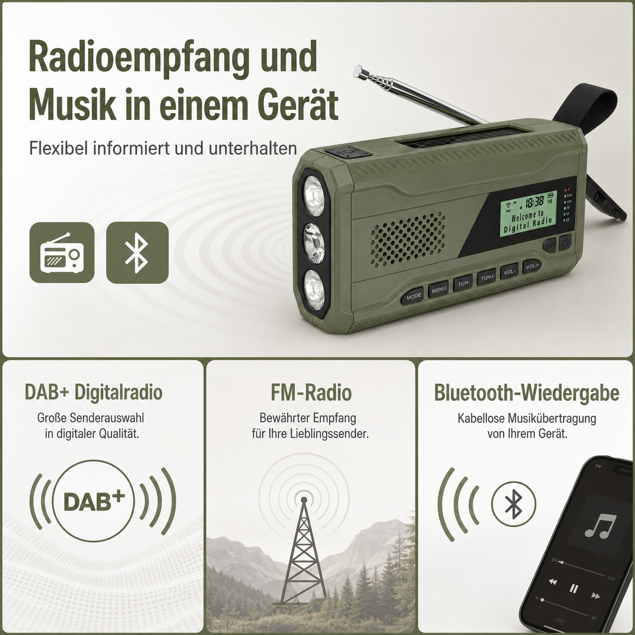 Grünes Multifunktionsgerät mit Radio, Taschenlampe und Solarpanel.