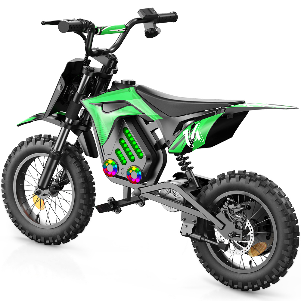 Una moto de cross verde con detalles negros y luces LED en la batería.