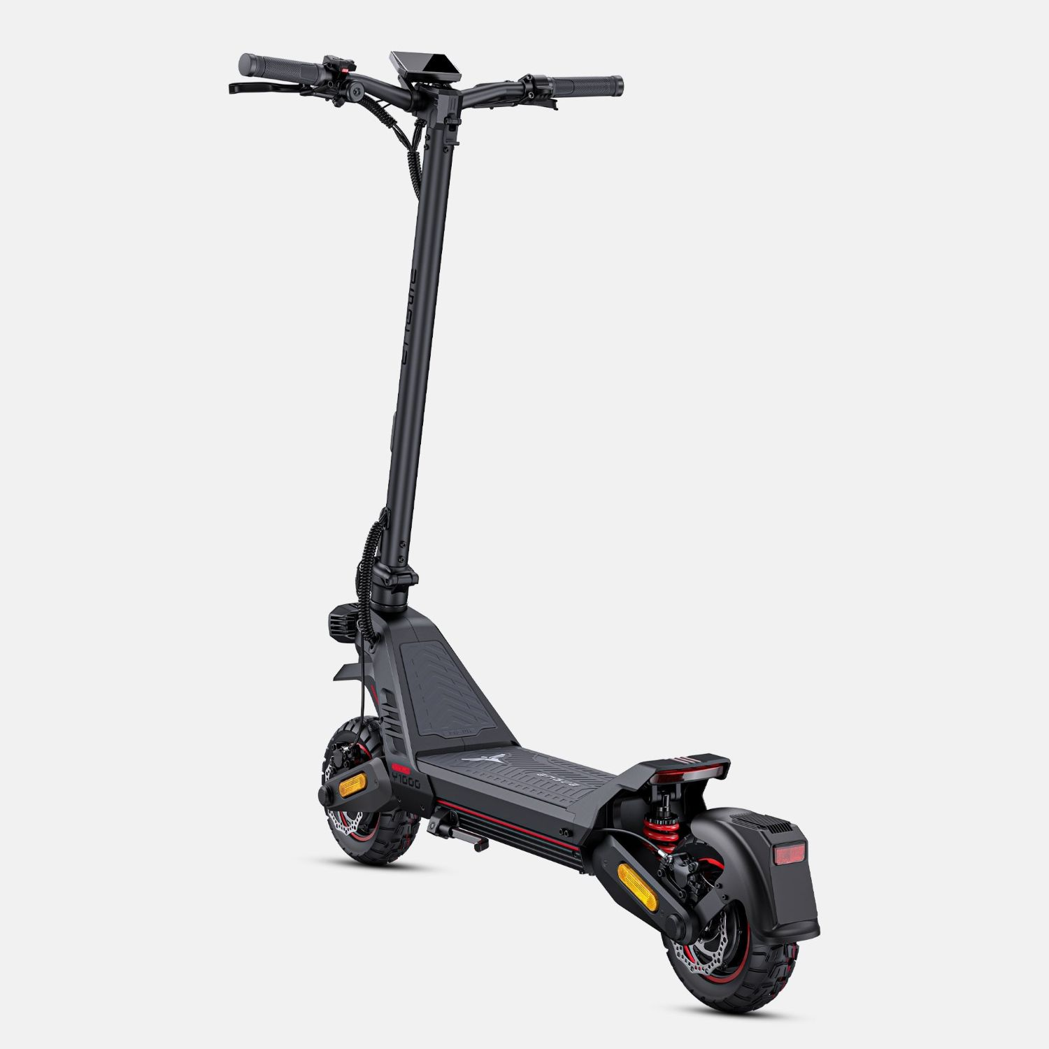 Un patinete eléctrico negro con detalles rojos está sobre fondo gris.