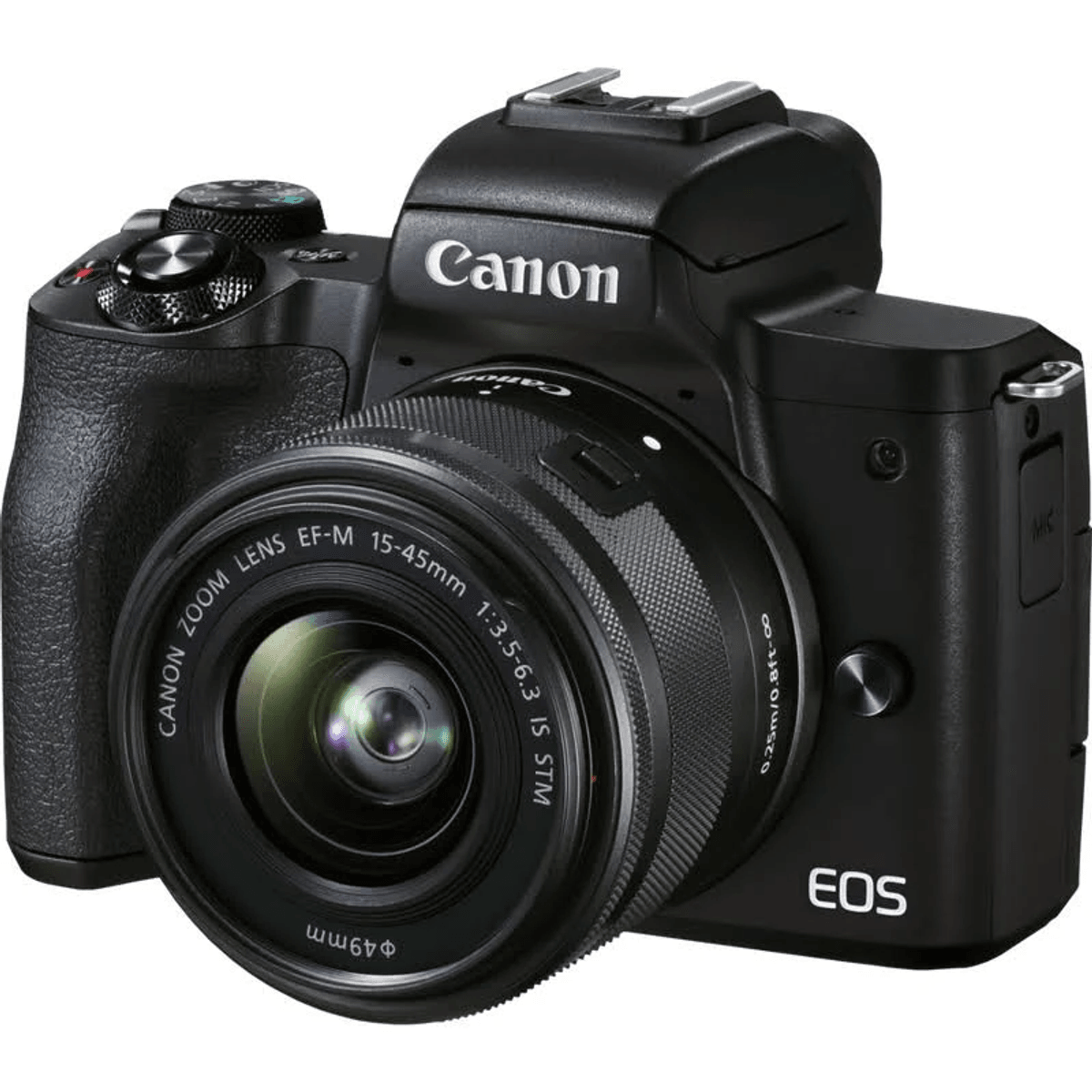 Una cámara Canon EOS negra con lente zoom.