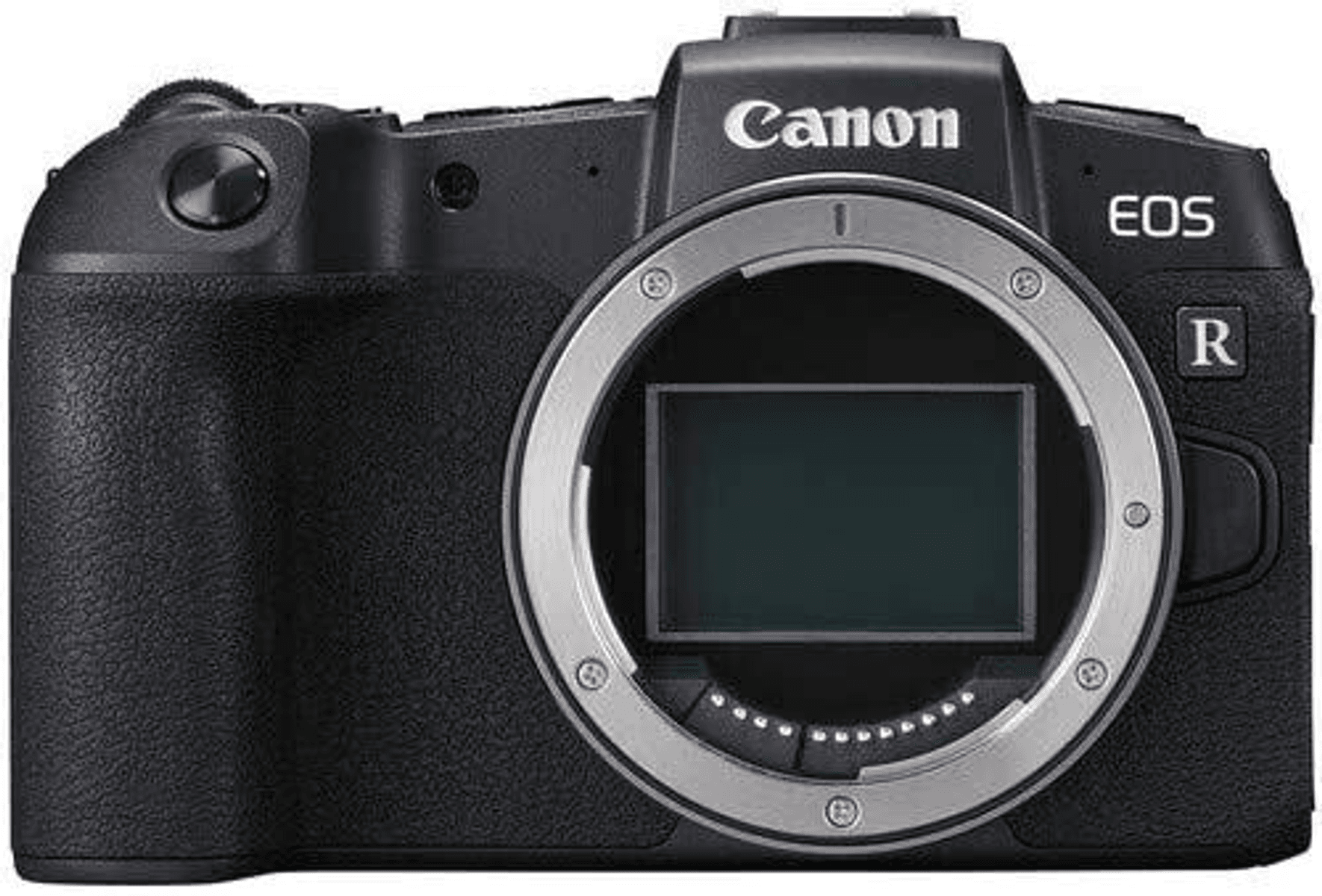 Zwarte Canon EOS R digitale camera met lensvatting en zilveren ring.