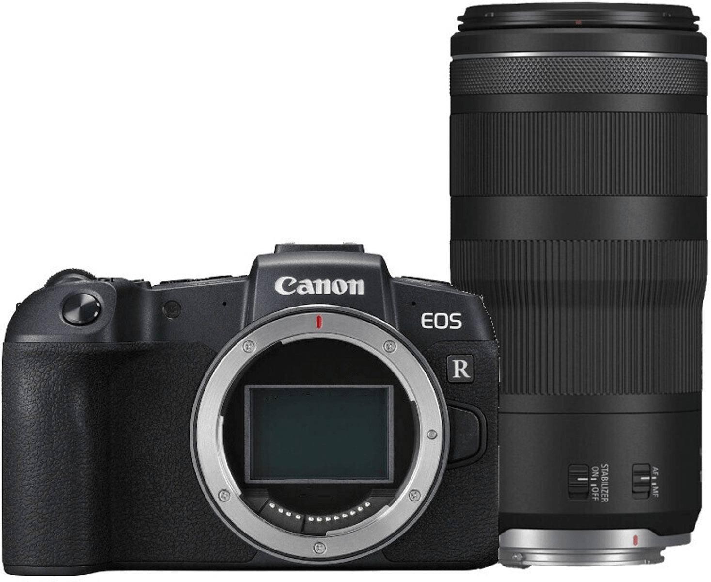 Een zwarte Canon EOS R camera met een lens ernaast.