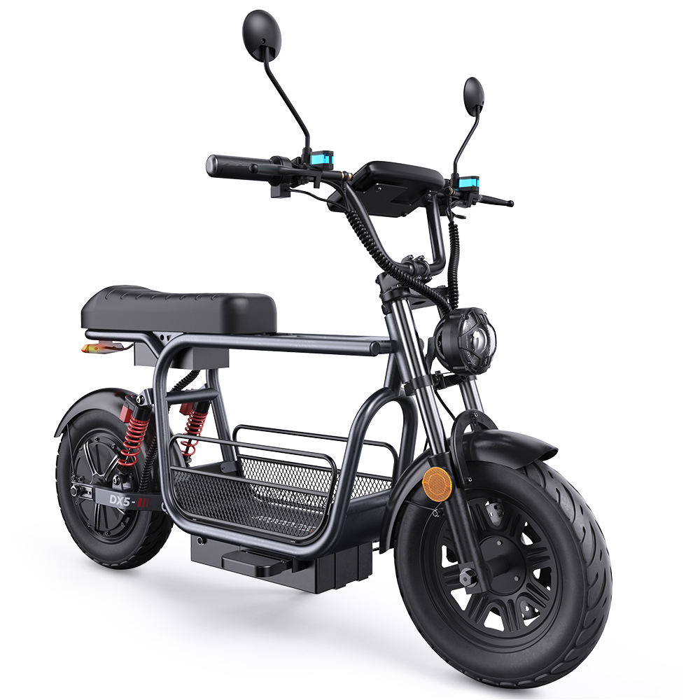 Patinete eléctrico gris oscuro con asiento negro, cesta y rueda ancha.