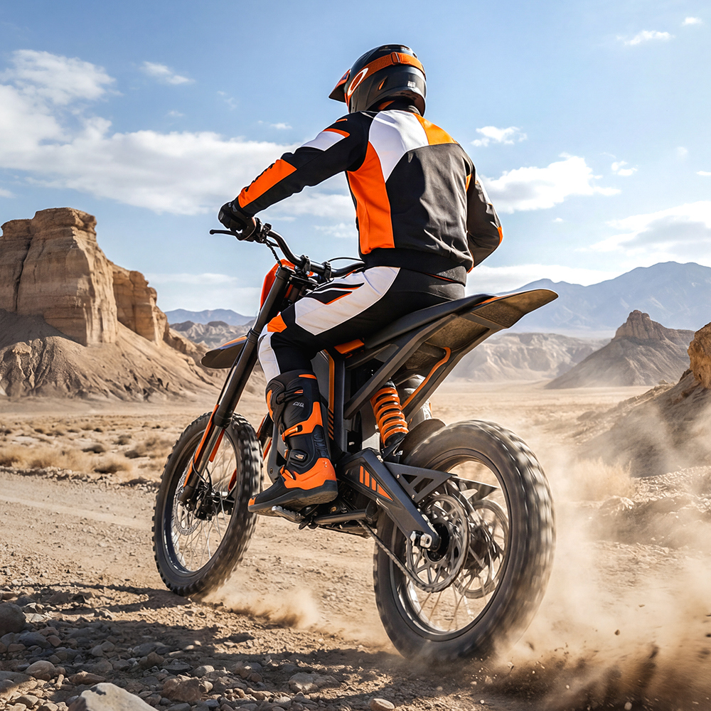 Un piloto con equipo naranja y negro conduce una moto de cross por un paisaje desértico polvoriento.