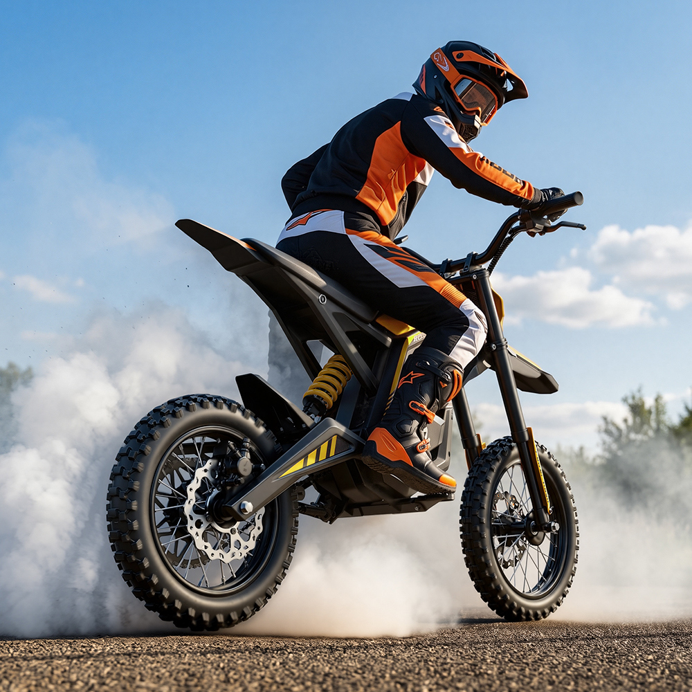 Motociclista con equipo naranja y negro derrapa en una moto de cross, levantando humo blanco.