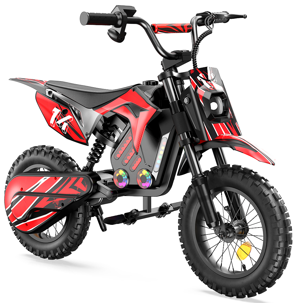 Una moto de cross eléctrica roja y negra con luces de colores.