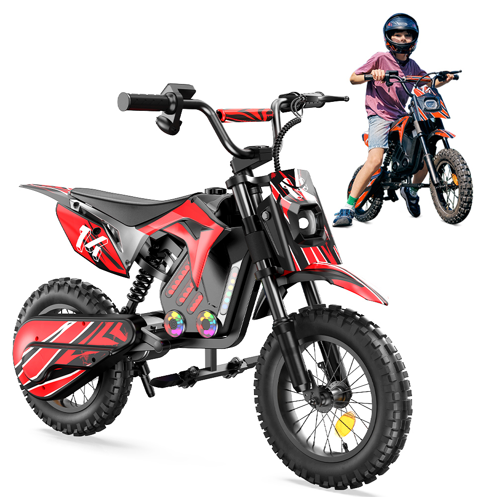 Una moto de cross eléctrica roja y negra con un niño al fondo.