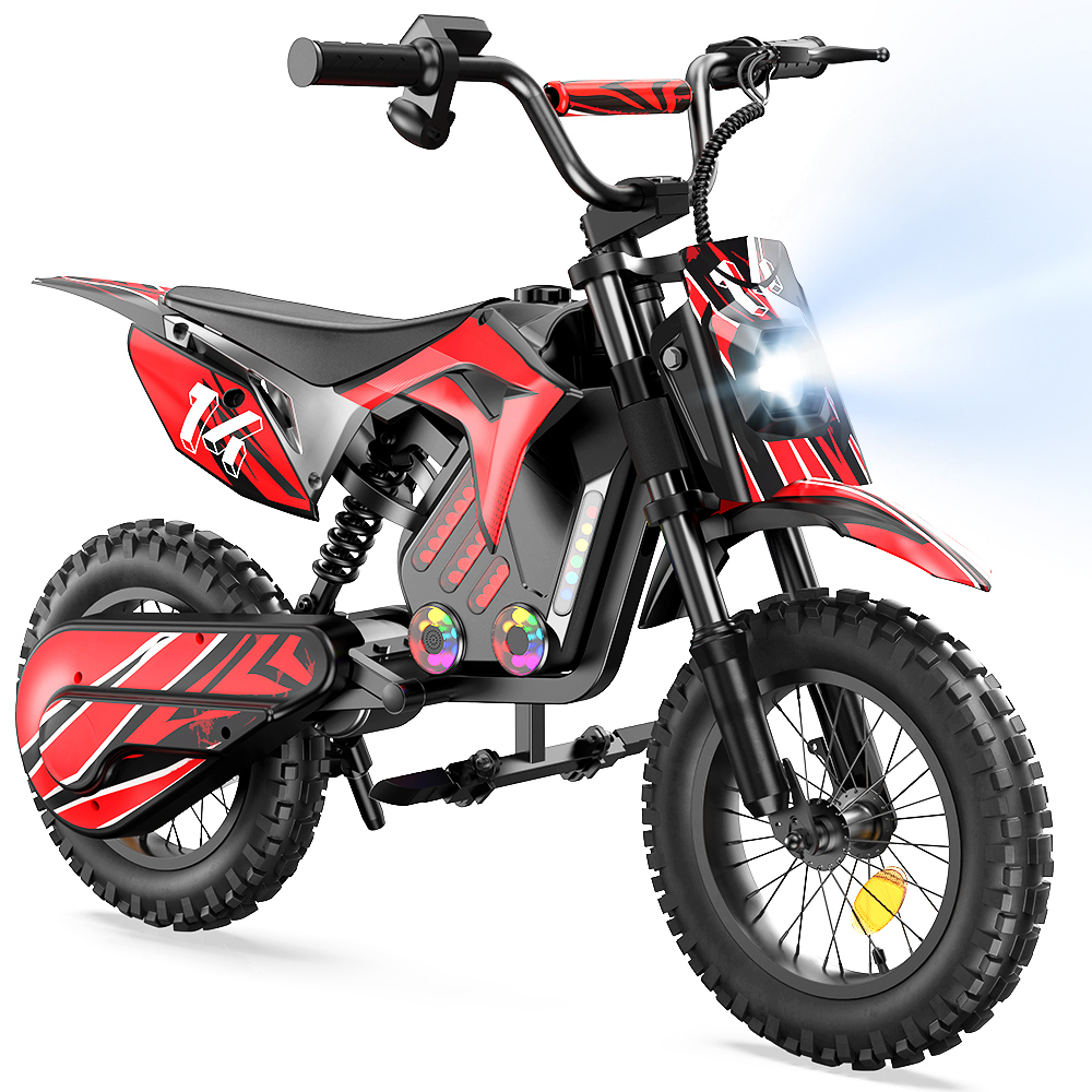 Una moto de cross eléctrica roja y negra con faro encendido y luces coloridas.