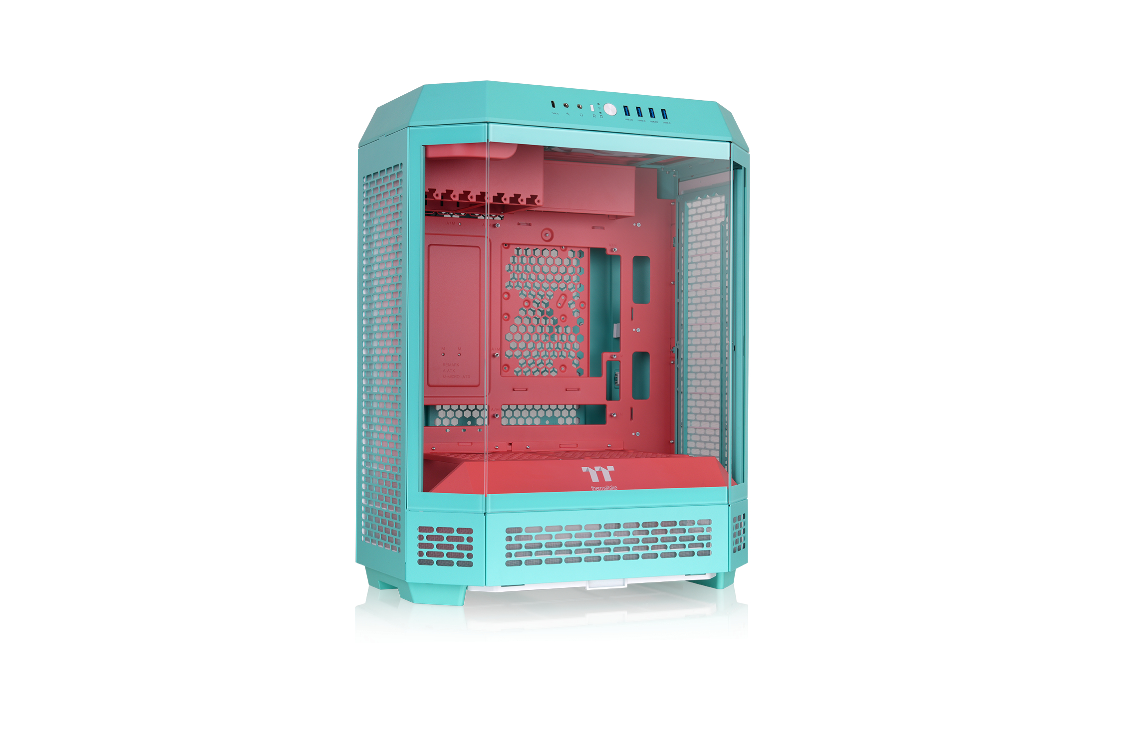 Case per computer verde acqua con interno rosso e frontale in vetro.