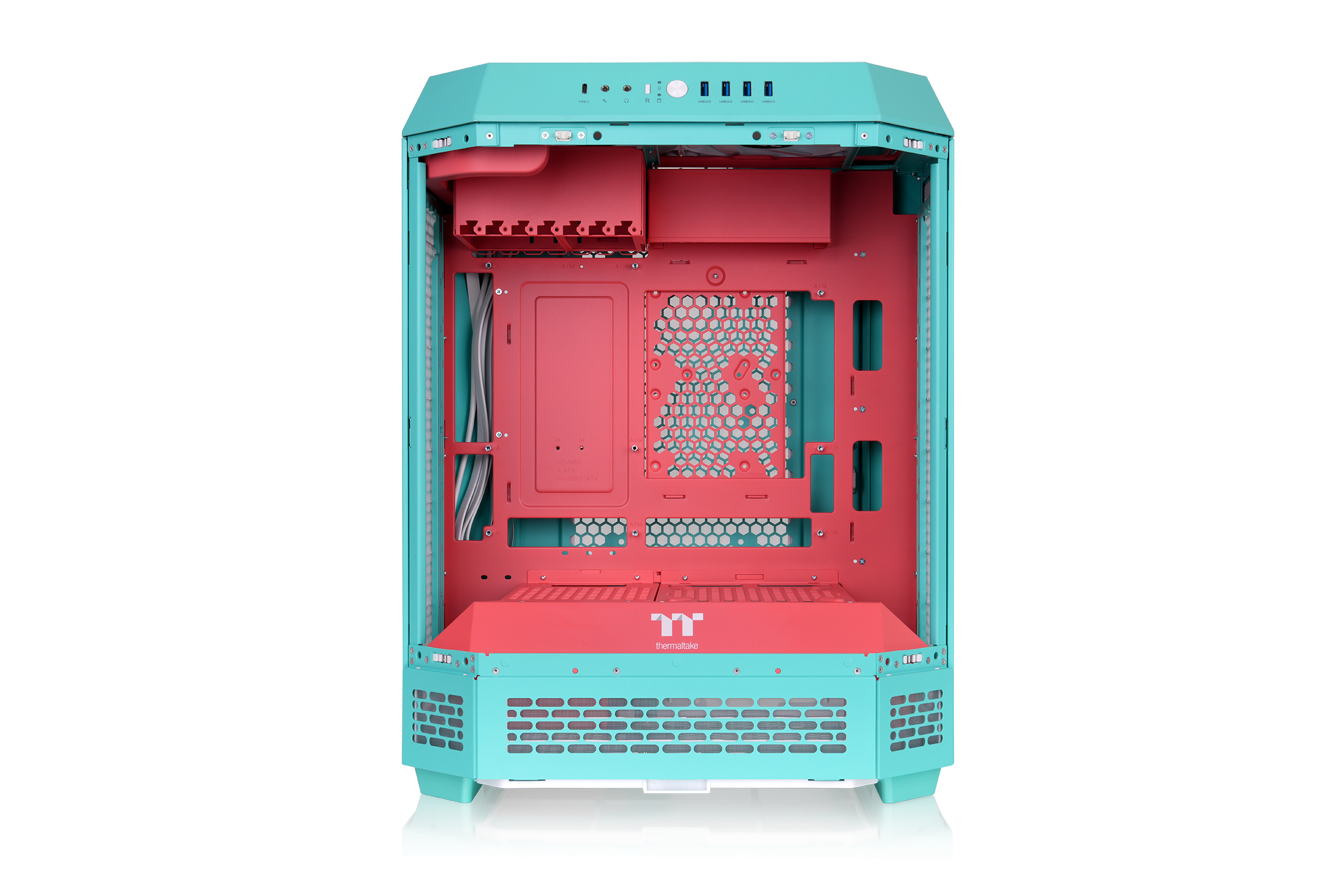 Case PC aperto verde acqua con interni e porte rosso corallo.