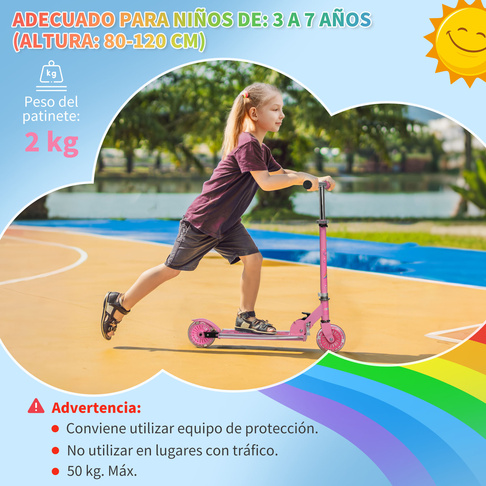 Niña monta patinete rosa en parque. Ideal para 3-7 años. Peso del patinete 2kg.