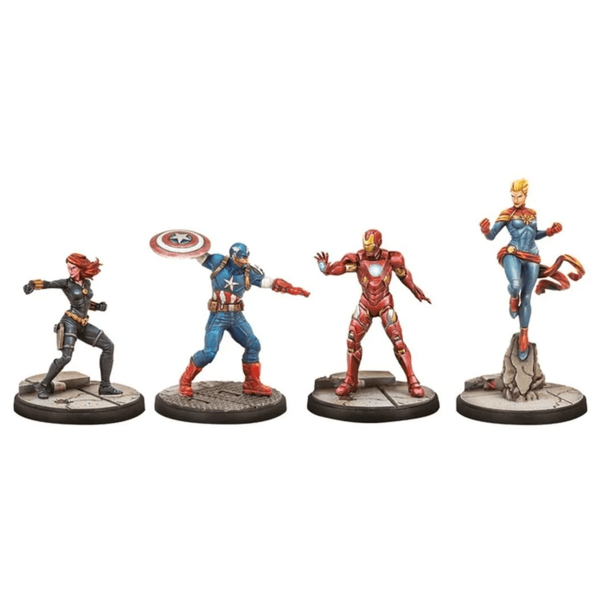 Cuatro figuras de Marvel: Black Widow, Capitán América, Iron Man, Capitana Marvel.