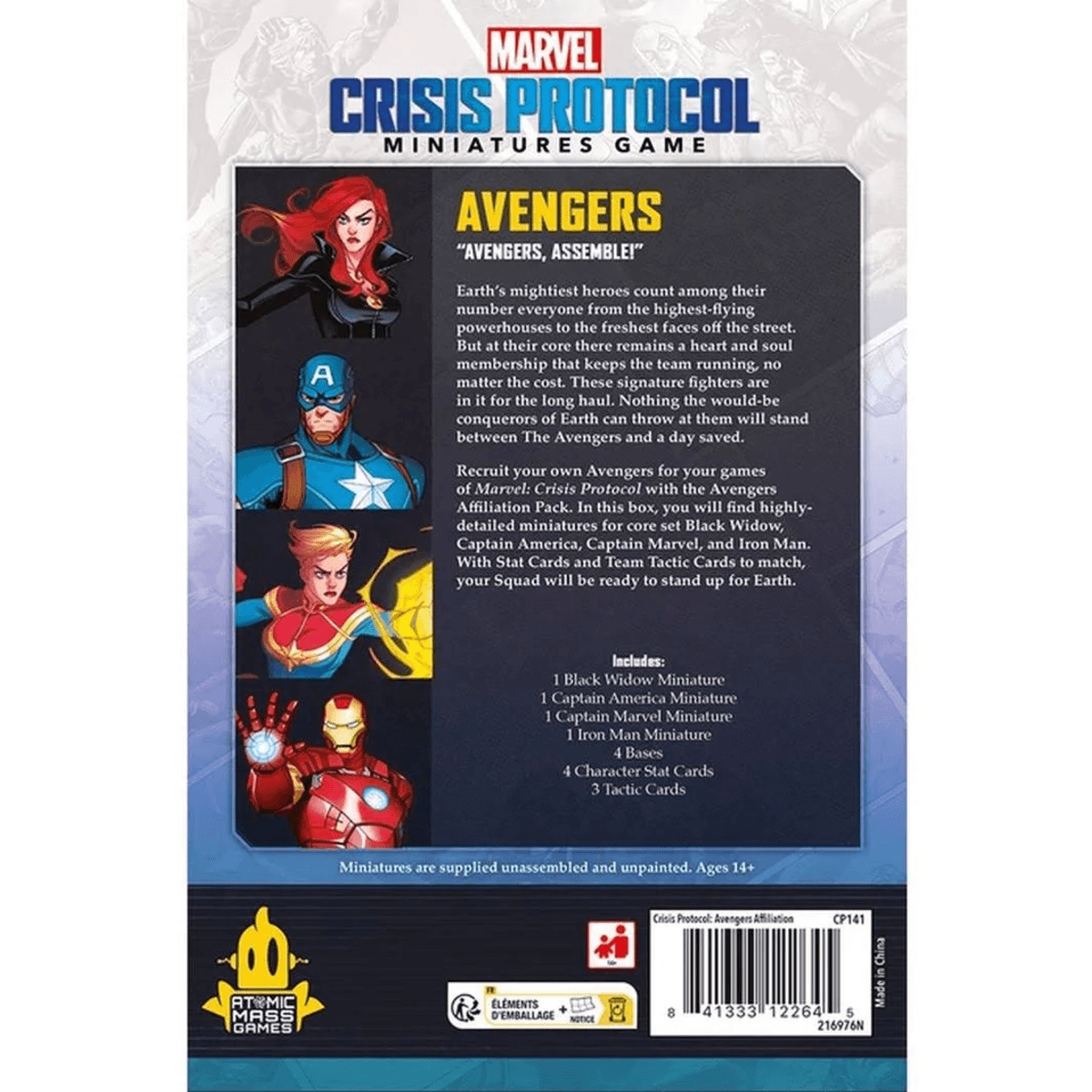 Caja del juego Marvel Crisis Protocol Avengers con 4 imágenes de héroes: Black Widow, Captain America, Captain Marvel, Iron Man.