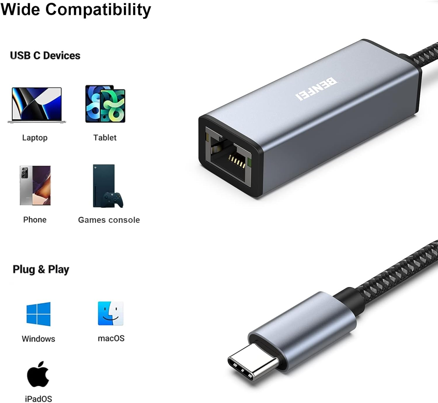 USB-C-Adapter für Laptops, Tablets, Telefone und Spielekonsolen. Plug & Play.