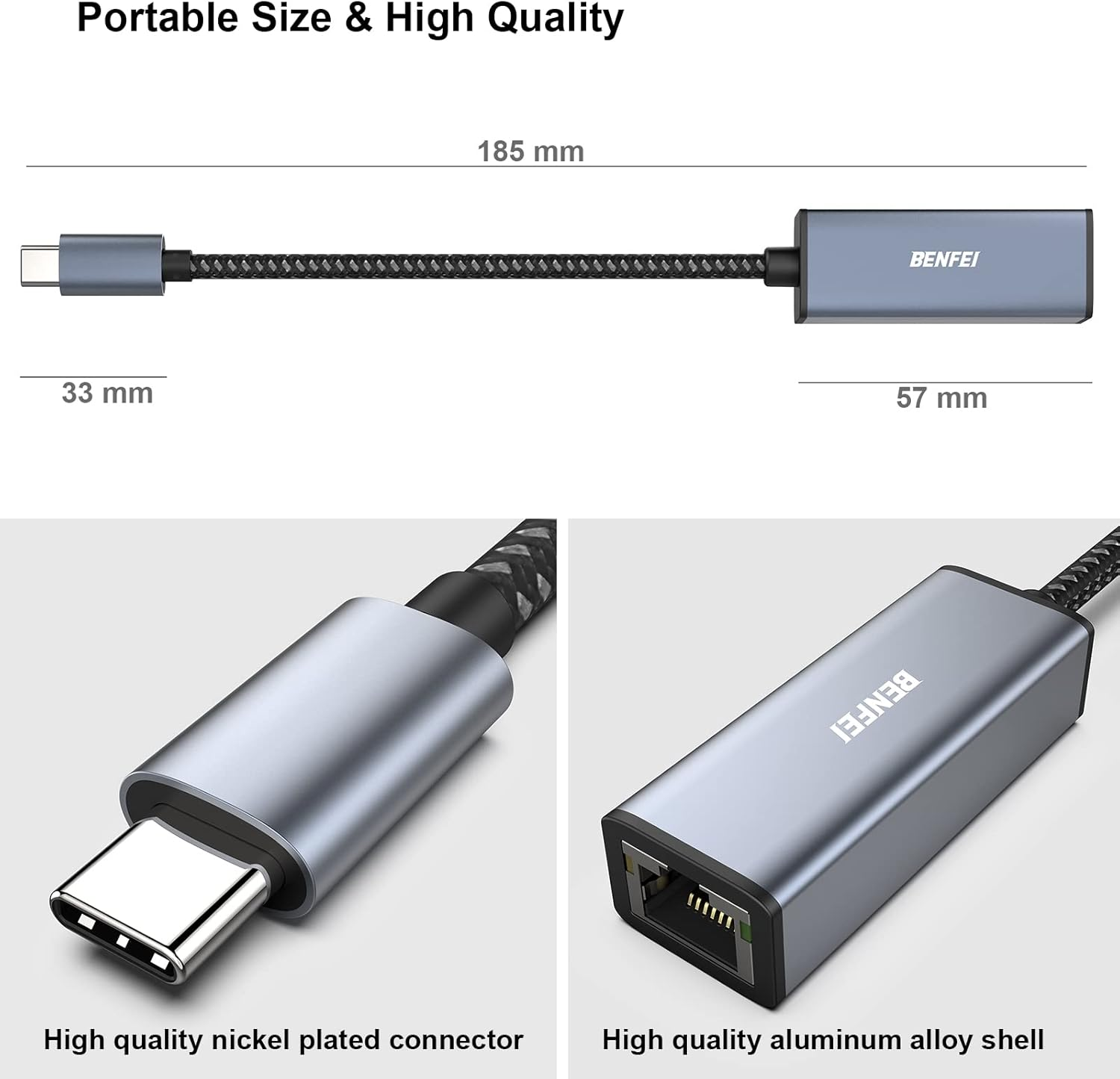 USB-C zu Ethernet Adapter: nickelbeschichteter Stecker, Aluminiumgehäuse.