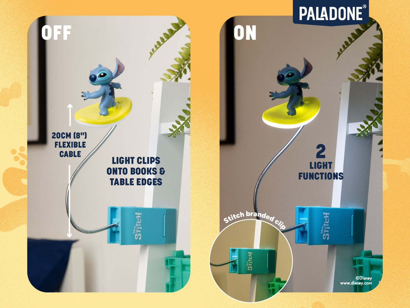 Lampa Stitch na książce: po lewej wyłączona, po prawej włączona, z elastycznym klipsem.