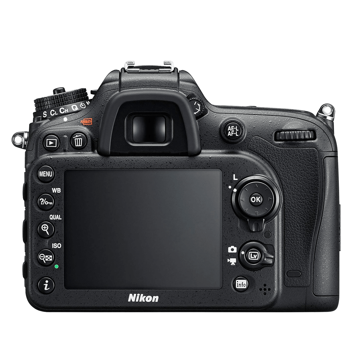 Vista posteriore di una fotocamera DSLR Nikon nera con schermo LCD e pulsanti.