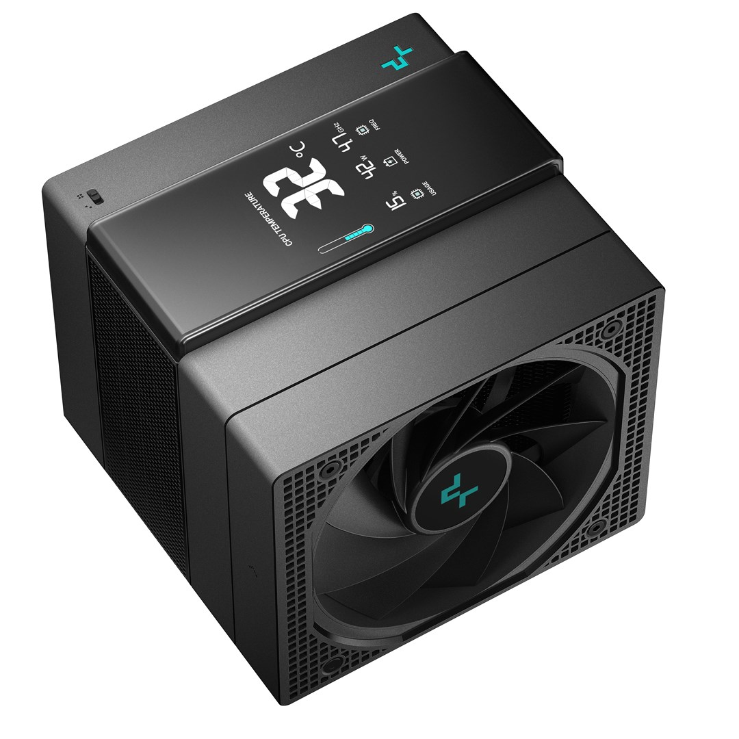 Black CPU cooler with display: CPU temp 32°C, 42W, 47GHz, 15% usage.