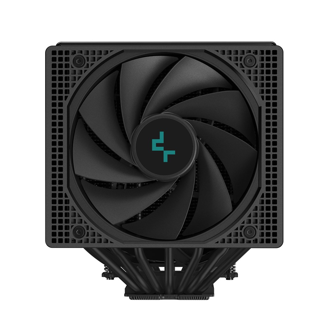Black CPU cooler with fan and blue logo.