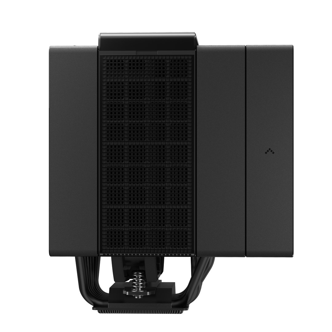 Black computer CPU cooler with a dense fin array and heat pipes.