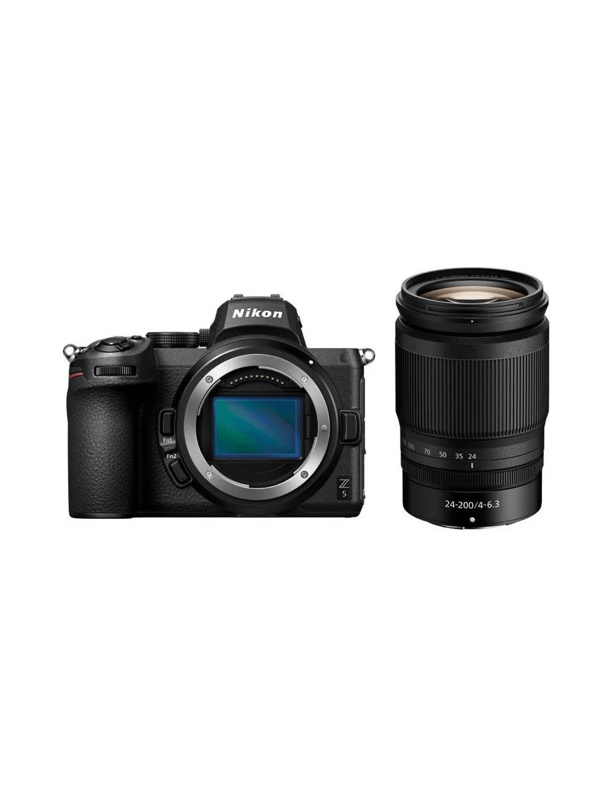 Cámara Nikon Z 5 negra con un objetivo al lado.