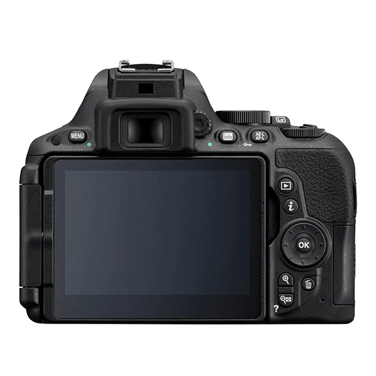 Vista posteriore di una fotocamera digitale nera con schermo LCD e pulsanti.