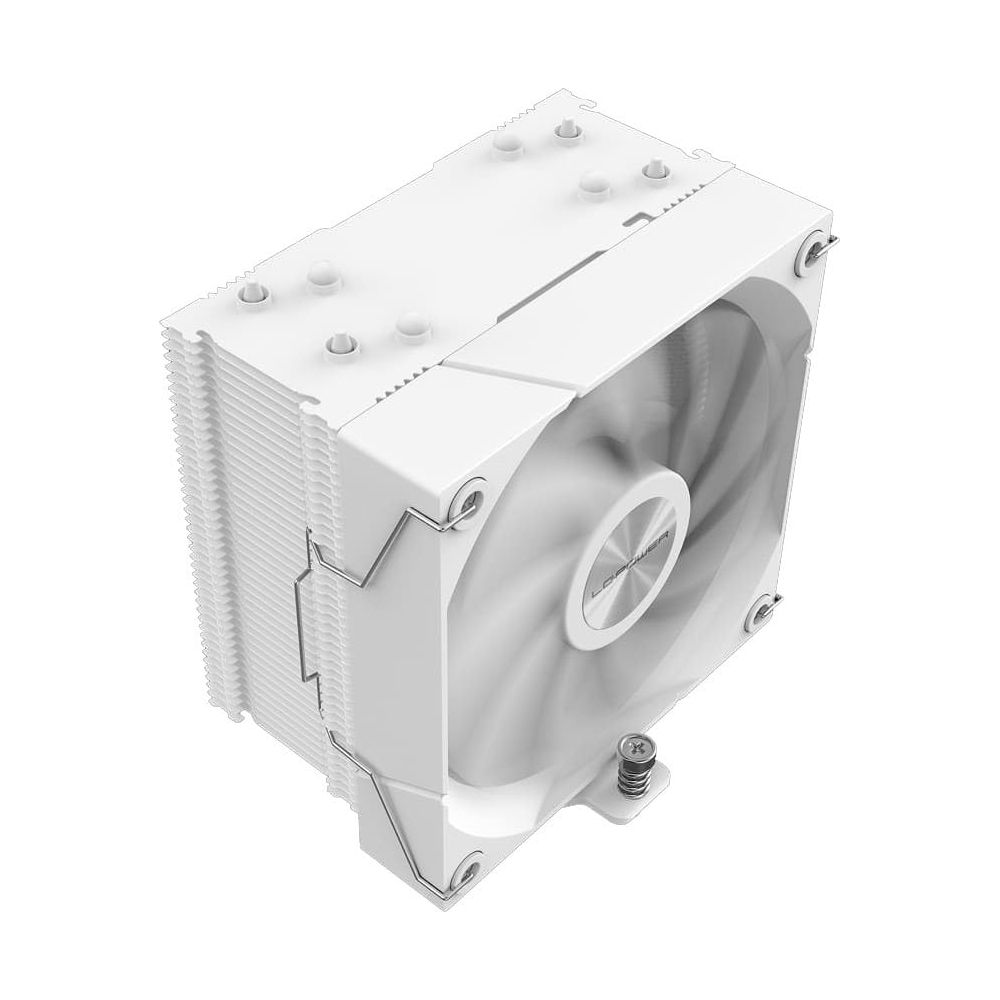 Witte CPU-koeler voor computer met ventilator en koelribben.