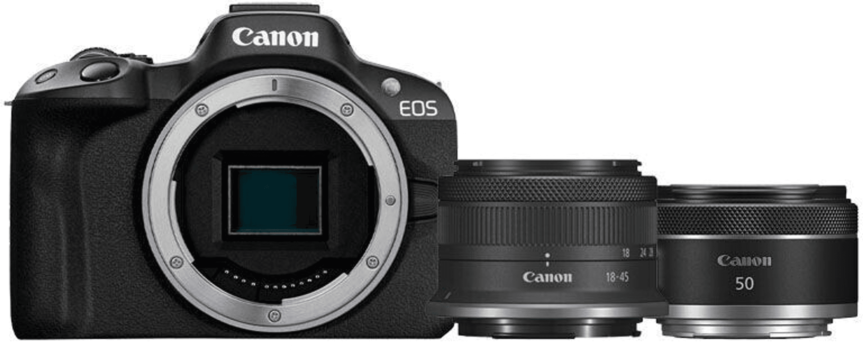 Zwarte Canon EOS camera met twee lenzen, één 18-45mm.