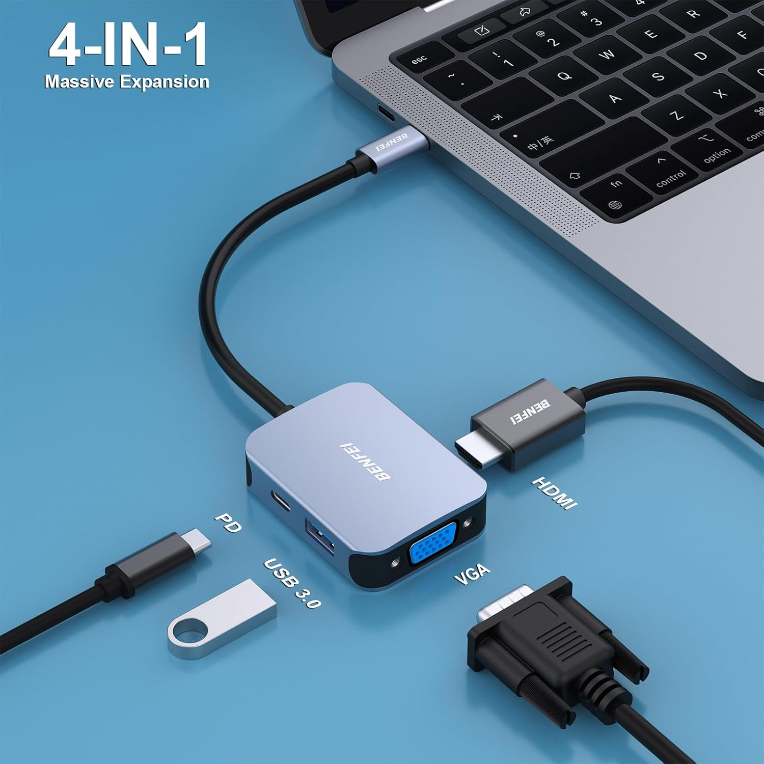 Ein Laptop-Hub mit HDMI-, VGA-, USB-3.0- und PD-Anschlüssen auf blauem Hintergrund.