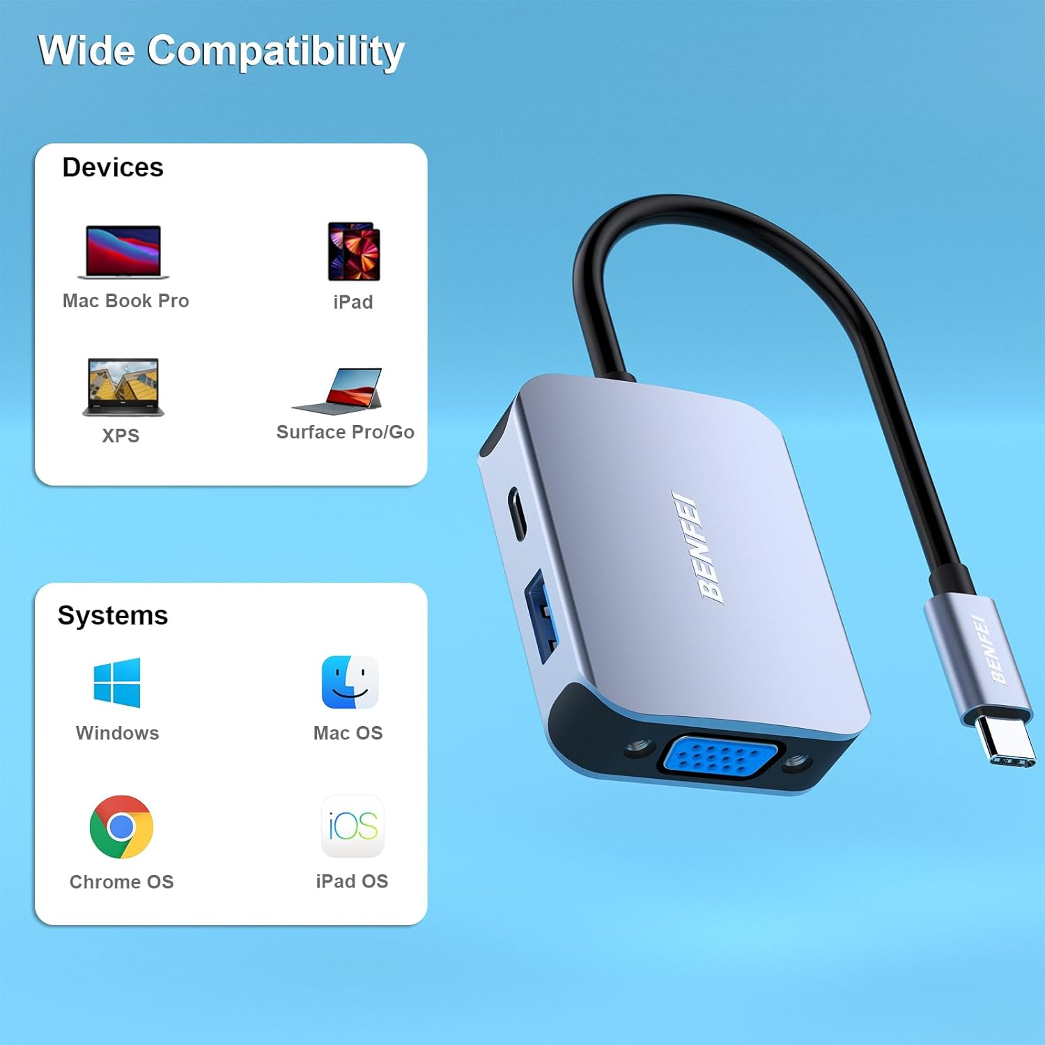 Ein silberner USB-C-Adapter mit VGA-Anschluss, der mit verschiedenen Geräten und Systemen kompatibel ist.