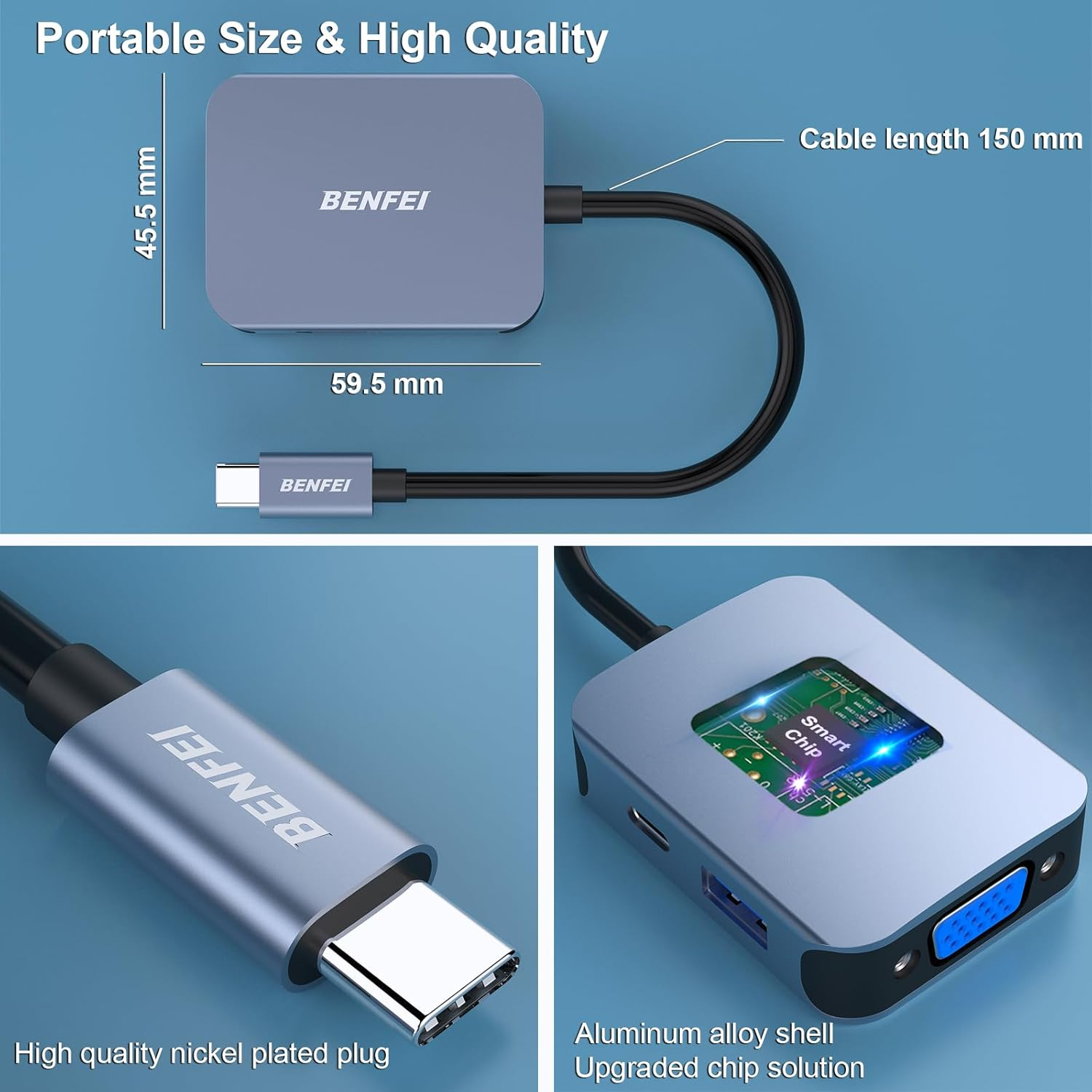 Grauer Adapter mit USB-C-Stecker, VGA-Anschluss und sichtbarem Chip.