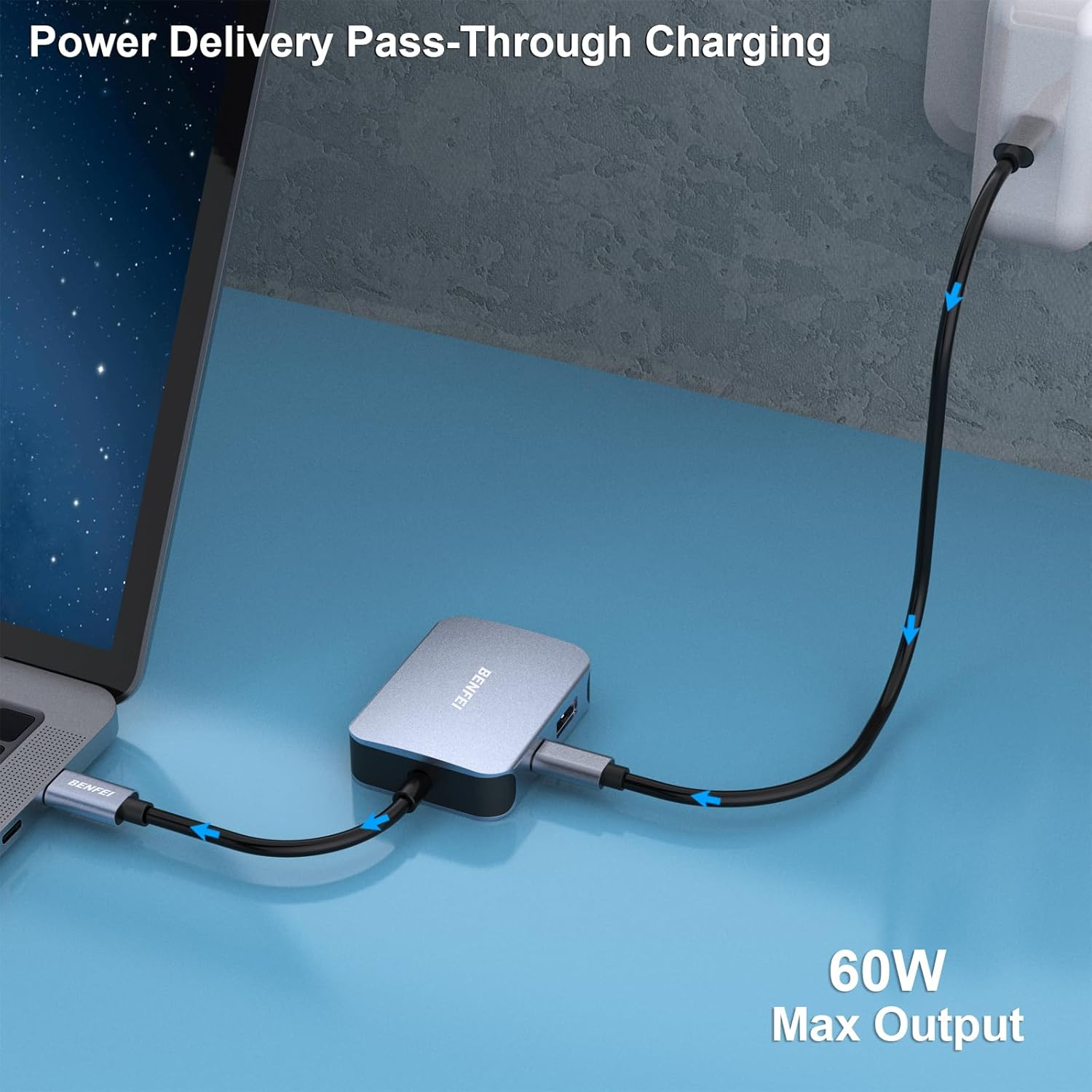 Ein USB-C-Hub ist an einen Laptop angeschlossen und wird über ein Netzteil mit Strom versorgt.
