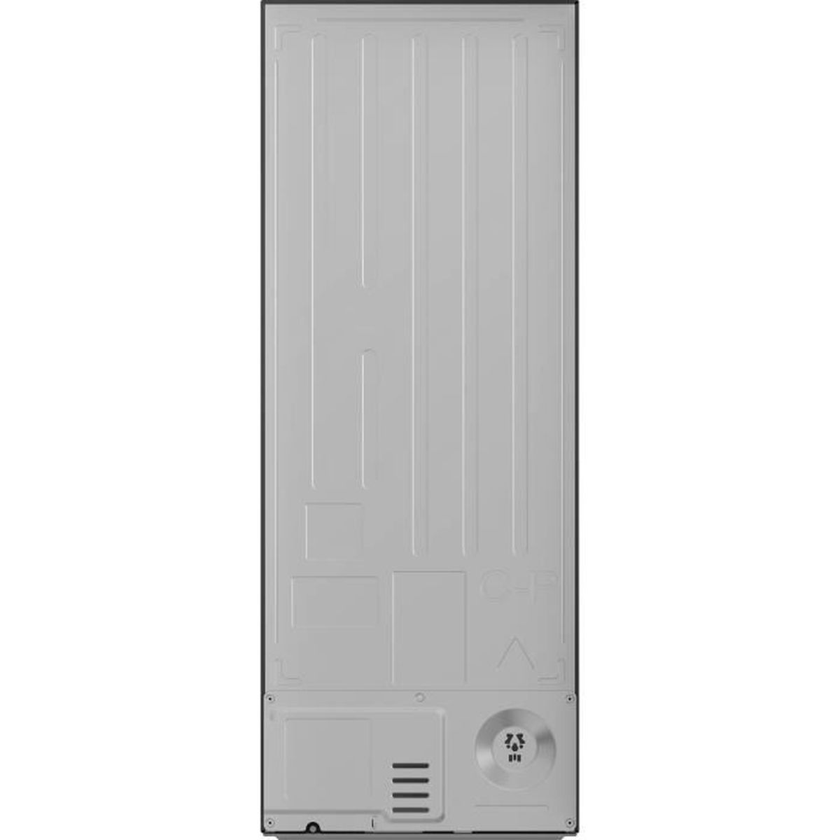 Retro di un frigorifero argento con scanalature verticali e griglia di ventilazione.