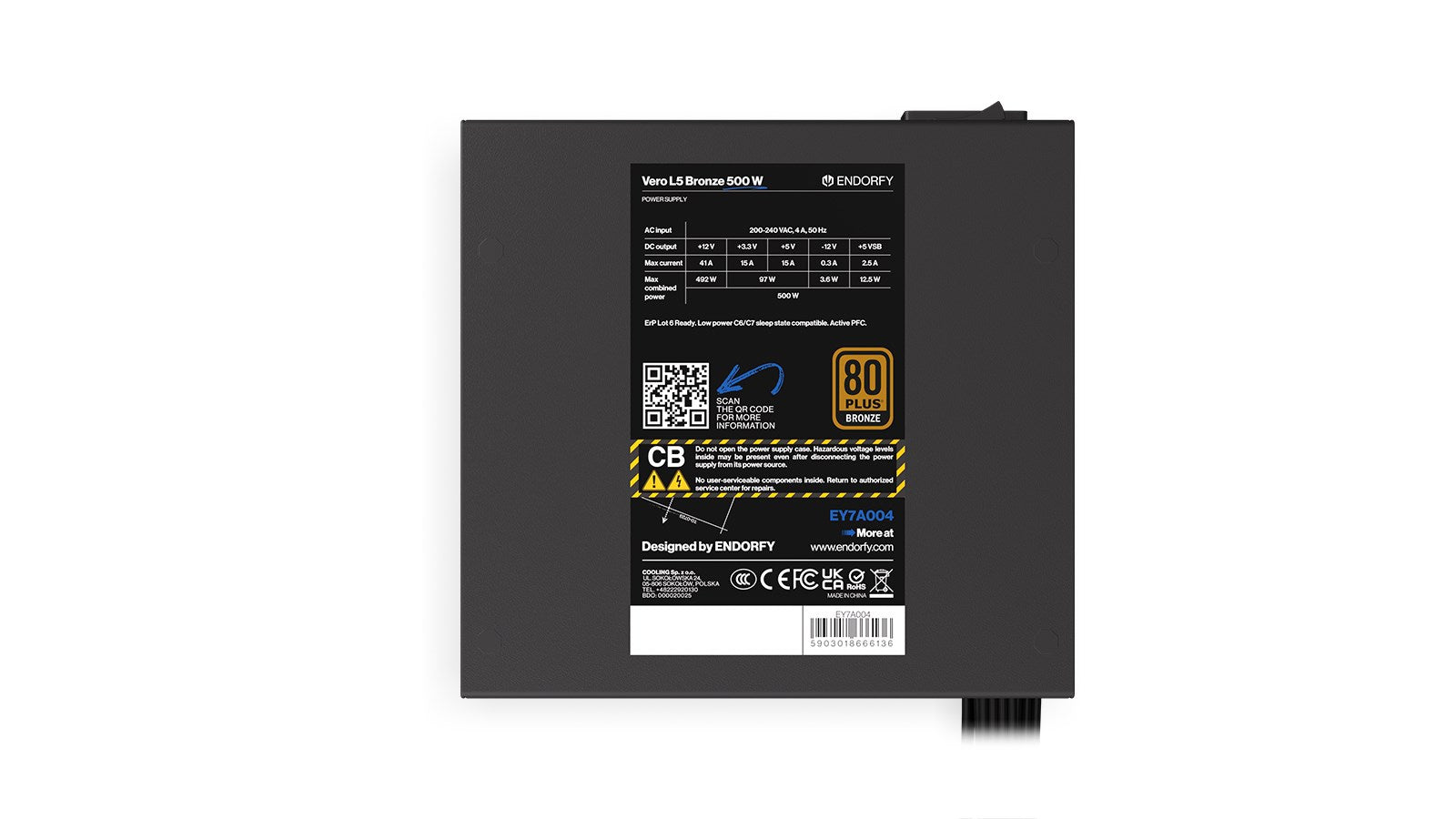 Alimentatore Endorfy Vero L5 500W con certificazione 80 Plus Bronze e dati.