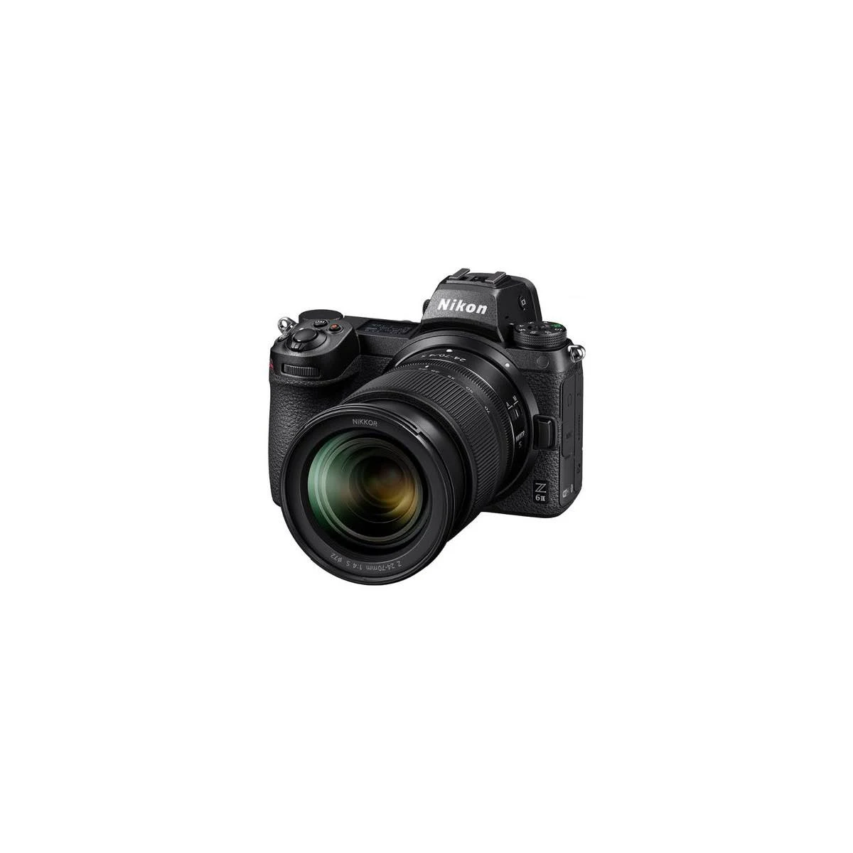 Una cámara Nikon Z 6II negra con lente Nikkor Z 24-70mm f/4 S se muestra sobre fondo blanco.