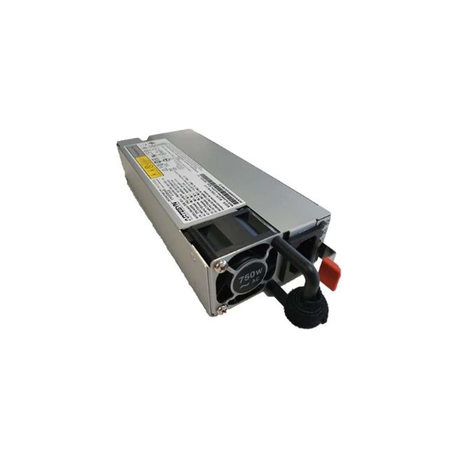 Gümüş renkli, fanlı ve kablolu güç kaynağı. Etikette 750W AC yazıyor.